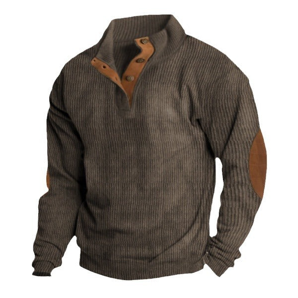 Herren nan robuster Rippstrick-Pullover mit Stehkragen, Knopfleiste und Leder-Ellenbogenpatches Drune