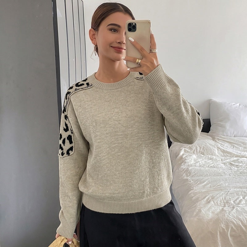 Damen Oversize Strickpullover mit Leo-Jacquard-Schultereinsätzen Drune