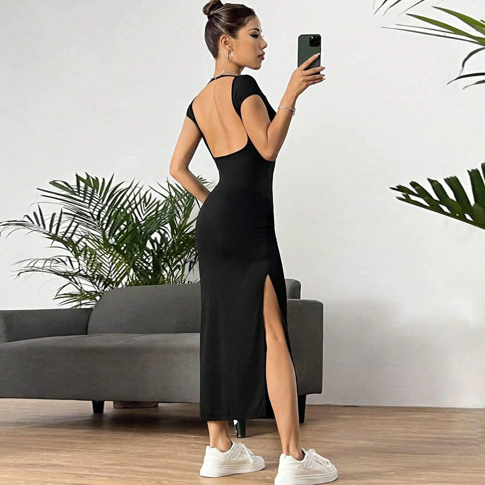Damen figurbetontes Maxikleid mit seitlichem Schlitz und modernen Kurzärmeln Drune