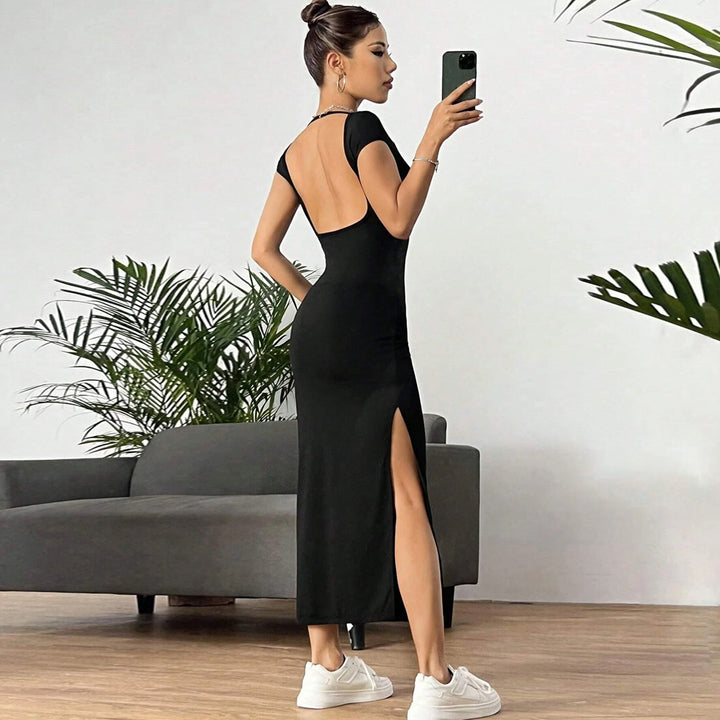 Damen figurbetontes Maxikleid mit seitlichem Schlitz und modernen Kurzärmeln Drune