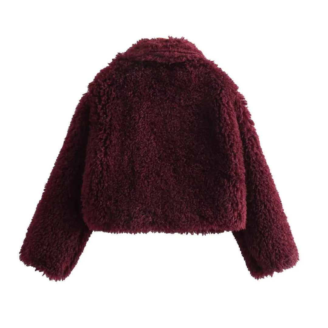 Damen nan kurze Teddy-Kunstfelljacke mit großem Schalkragen, kastigem Cropped‑Schnitt und weicher Plüschstruktur Drune