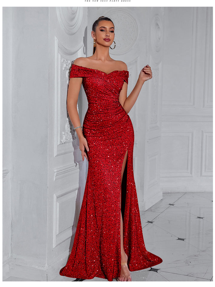 Damen Elegantes Abendkleid mit schulterfreiem Design und funkelnden Pailletten Drune