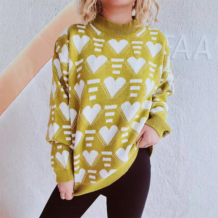 Damen kuscheliger Oversized-Pullover mit herzförmigem Muster Drune