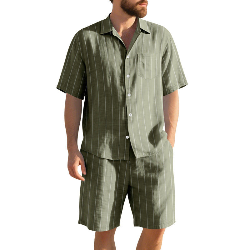 Herren Kurzarm-Pyjama-Set mit dezentem Streifenmuster und praktischer Brusttasche Drune