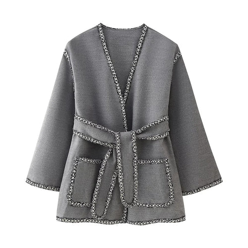 Damen nan kurz geschnittener Kimono-Mantel mit Bindegürtel und kontrastierter Fransenpaspel Drune
