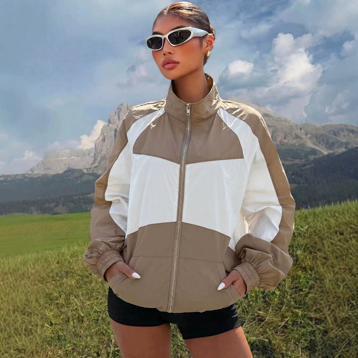 Damen Leichte Windbreaker-Jacke mit Stehkragen, Farbblock-Design und elastischen Bündchen Drune