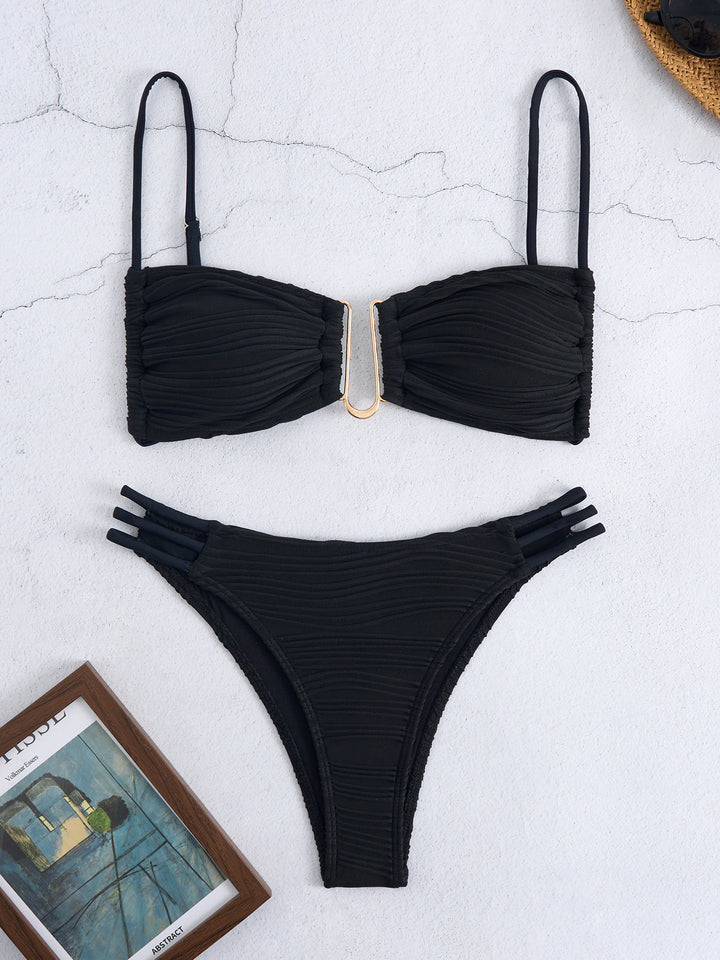 Damen Bandeau-Bikini mit raffiniertem Falten-Design und seitlichen Bindebändern Drune