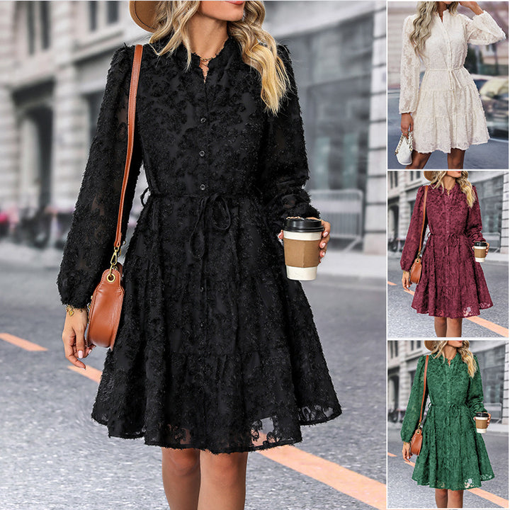 Damen Texturiertes Blusen‑Skaterkleid mit Volantstufen, durchgehender Knopfleiste und Taillenzug Drune