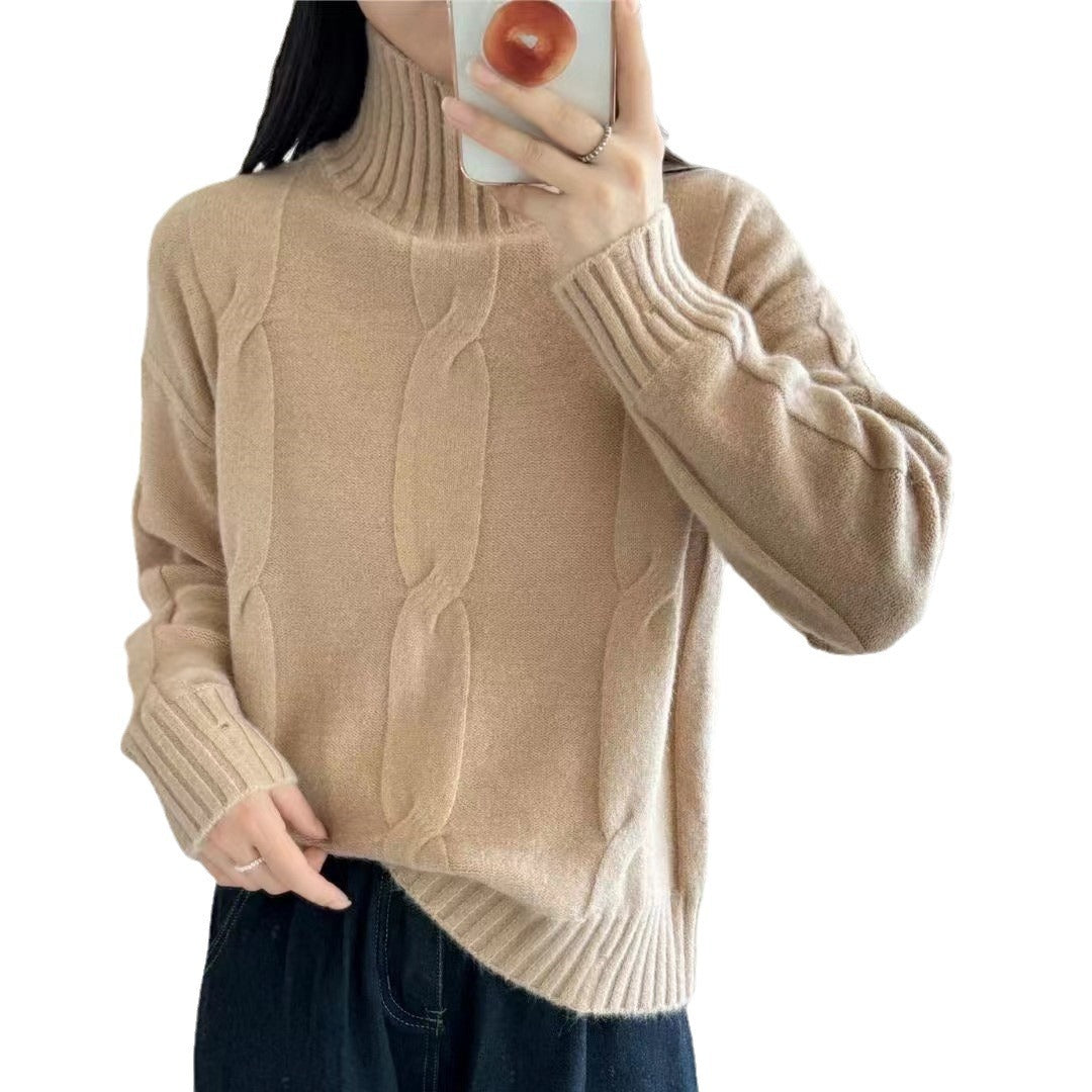 Damen Strickpullover mit hohem Kragen und Kabelmuster Drune