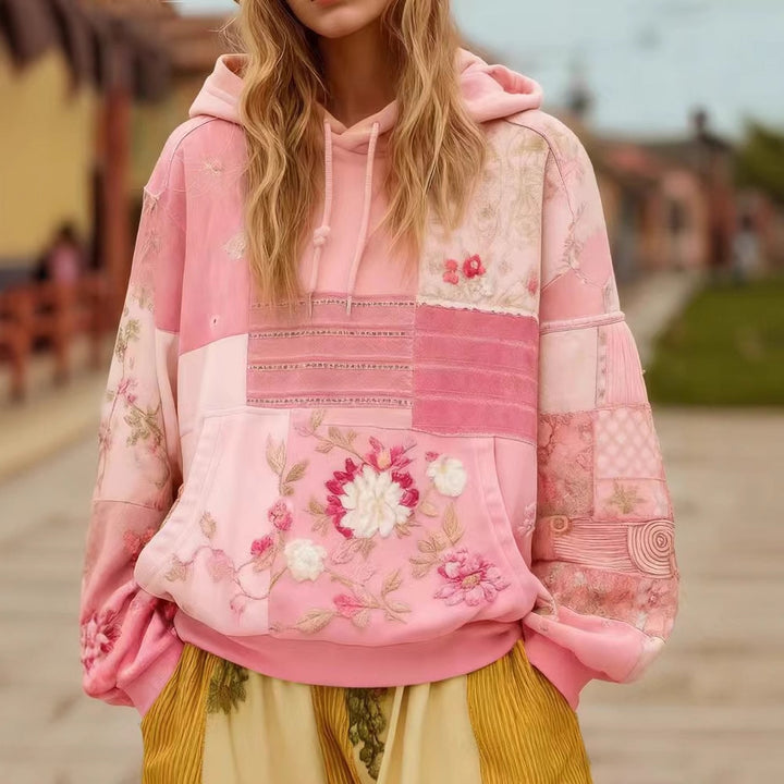 Damen Bestickter Patchwork-Kapuzenpullover mit Blumenapplikation und Kängurutasche Drune
