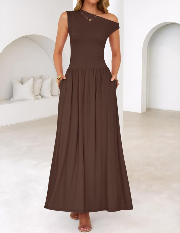 Damen Asymmetrisches Maxikleid mit One-Shoulder, Taillenbetonung und Seitentaschen Drune