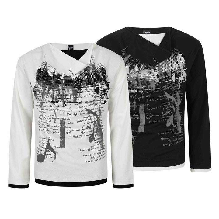 Damen Langarmshirt mit asymmetrischem Schlauchkragen und Grafik‑Music‑Print Drune