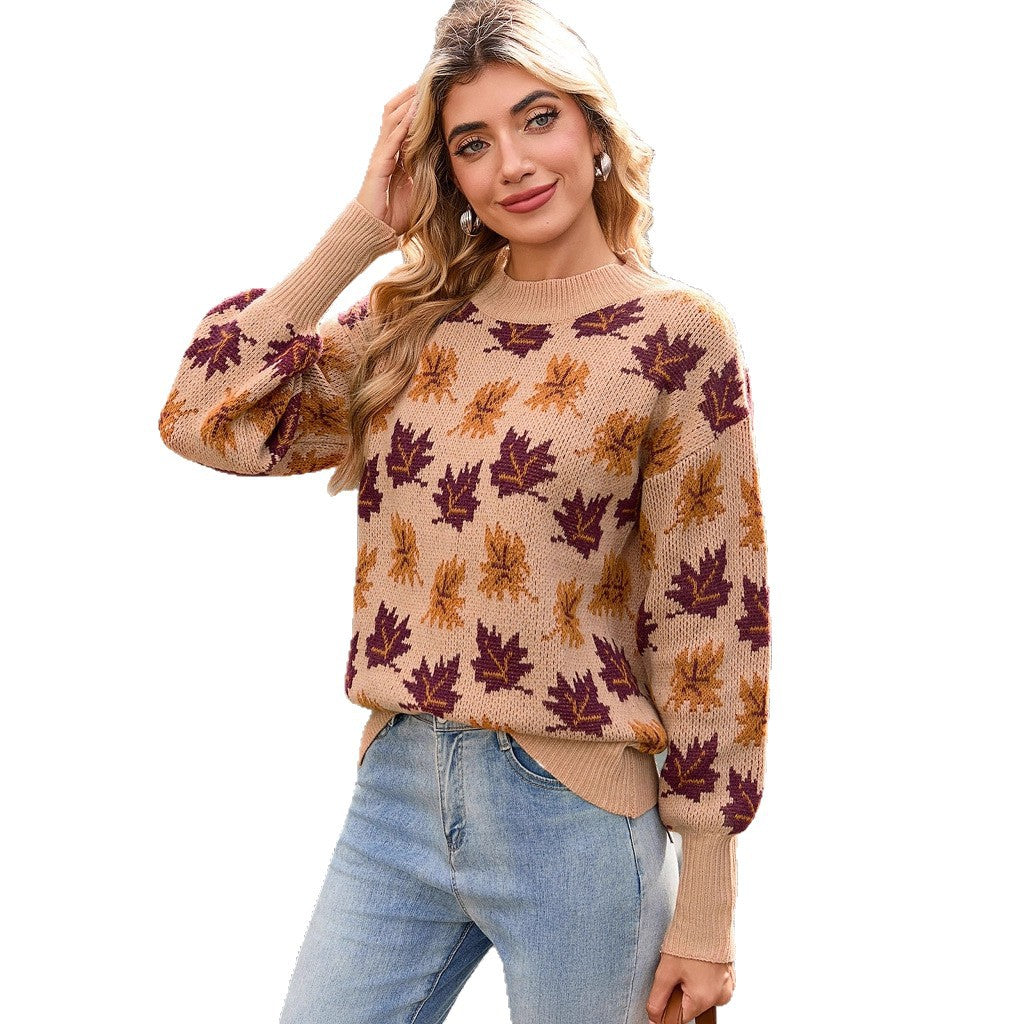 Damen Strickpullover mit herbstlichem Blätterdesign Drune