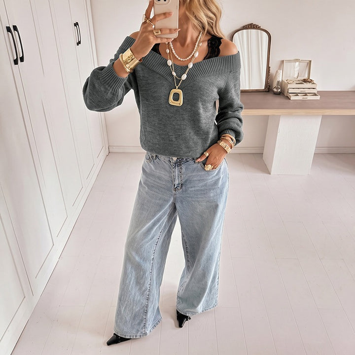 Damen Off-Shoulder V‑Ausschnitt Feinstrickpullover mit Spitzen‑Träger‑Optik und Ballonärmeln Drune