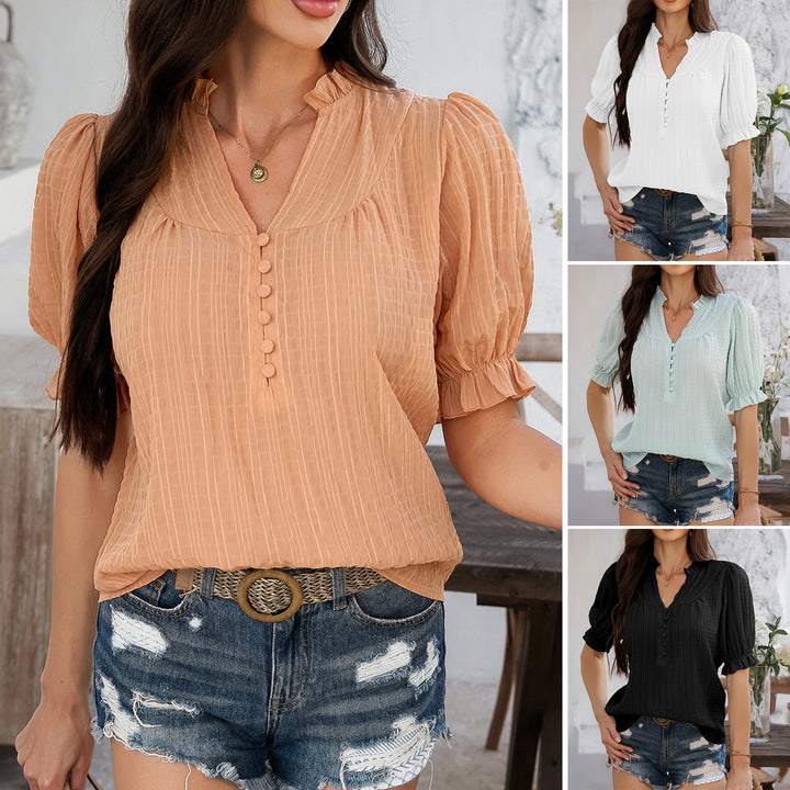 Damen Bluse mit Puffärmeln und dekorativen Knöpfen Drune