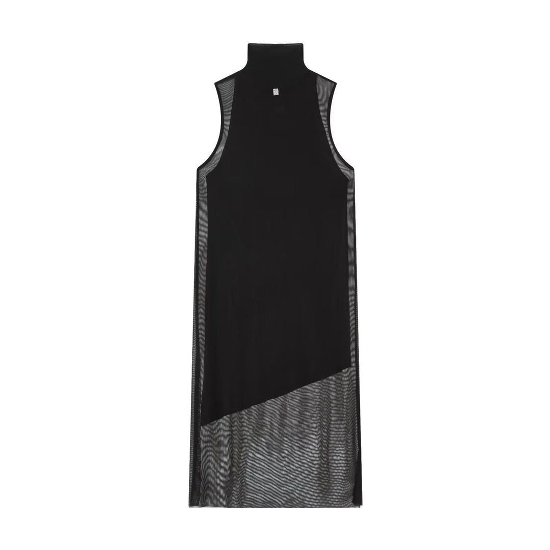 Damen Langarm Kleid aus transparentem Mesh-Material mit Stehkragen Drune