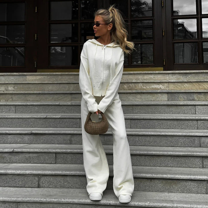 Damen kuschelige Sweater-Hose-Kombination mit weichem Material und Hoodie Drune