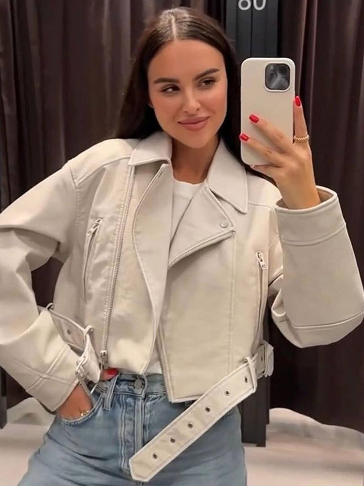 Damen Kurzgeschnittene Bikerjacke aus Kunstleder mit Taillengürtel Drune