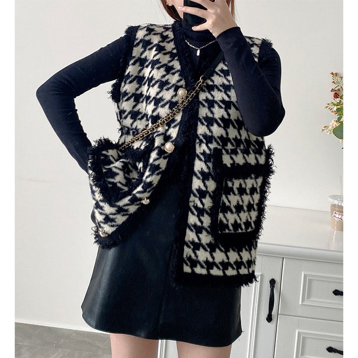 Damen Lässige Strickweste mit Karomuster und eleganten Knöpfen Drune