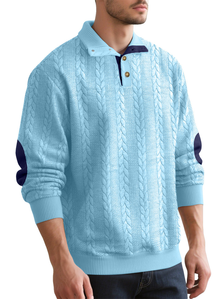 Herren nan Zopfmuster-Halbknopf-Pullover mit hohem Stehkragen und Wildleder-Ellbogenpatches Drune