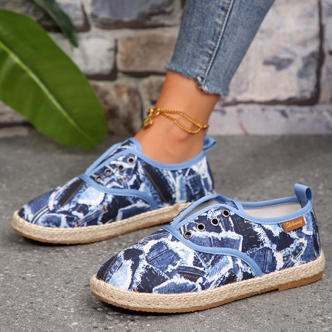 Damen Casual Espadrille Slip-Ons mit stylischem distressed Denim-Muster Drune