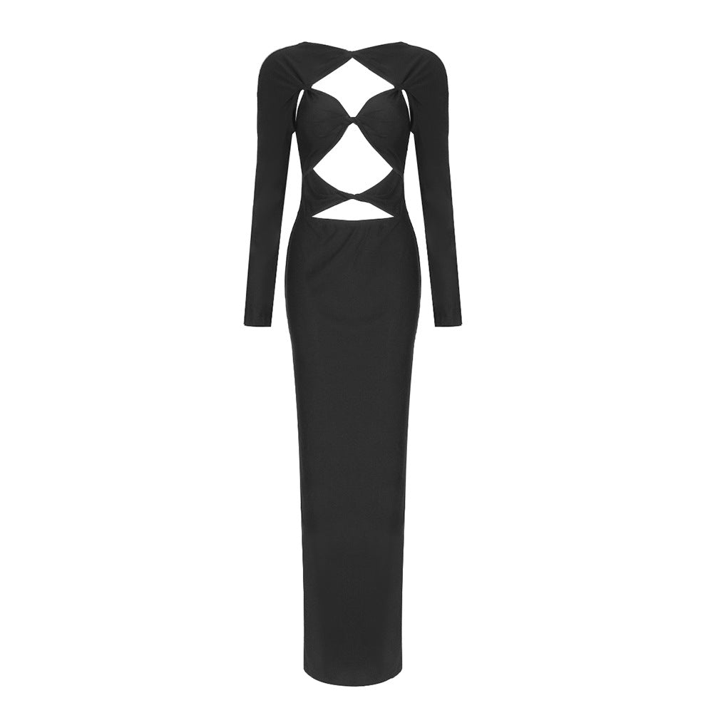 Damen Elegantes Cut-Out-Maxikleid mit langen Ärmeln und tiefem Ausschnitt Drune