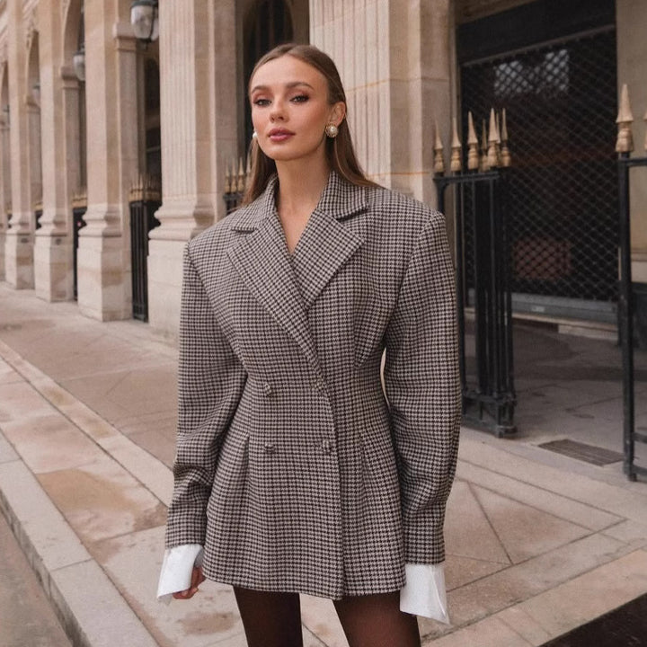 Damen Eleganter Karoblazer mit doppelter Knopfleiste Drune