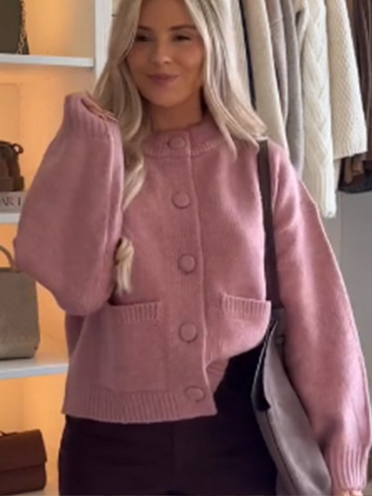 Damen Grobgestrickte Cropped-Strickjacke mit runden Druckknöpfen und oversized Ärmeln Drune