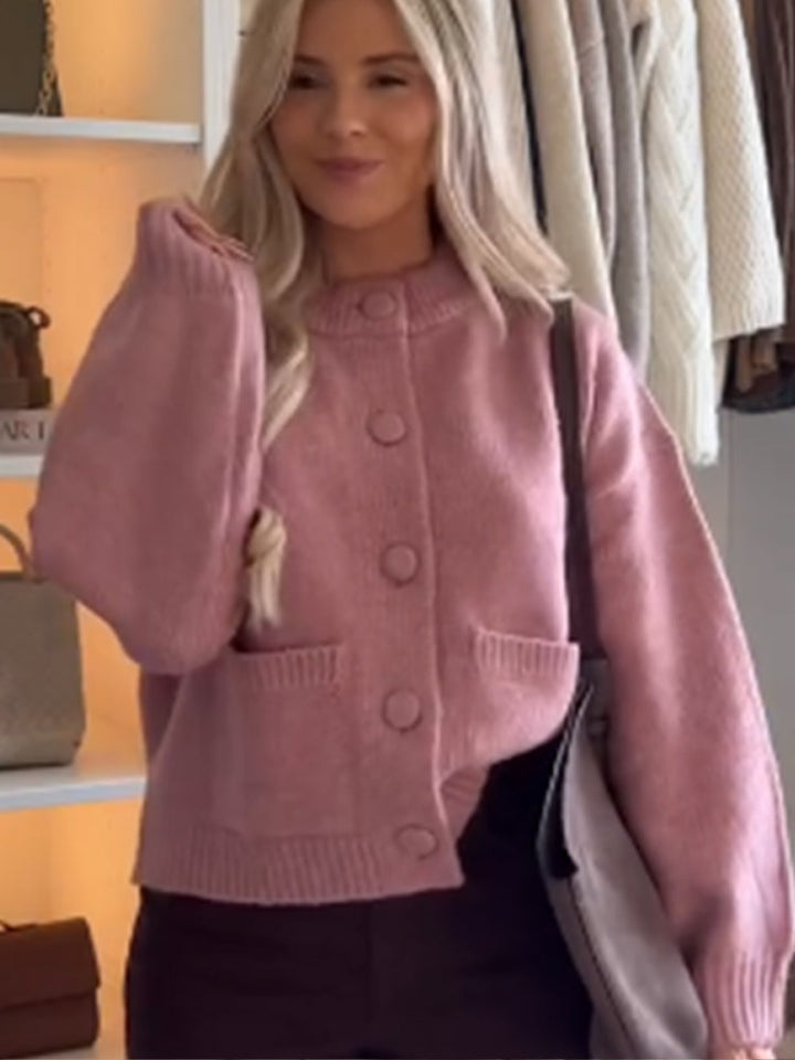 Damen Grobgestrickte Cropped-Strickjacke mit runden Druckknöpfen und oversized Ärmeln Drune