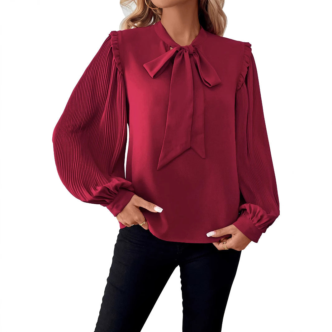 Damen Elegante Chiffon-Bluse mit Schleifenkragen und Plissee-Ärmeln Drune