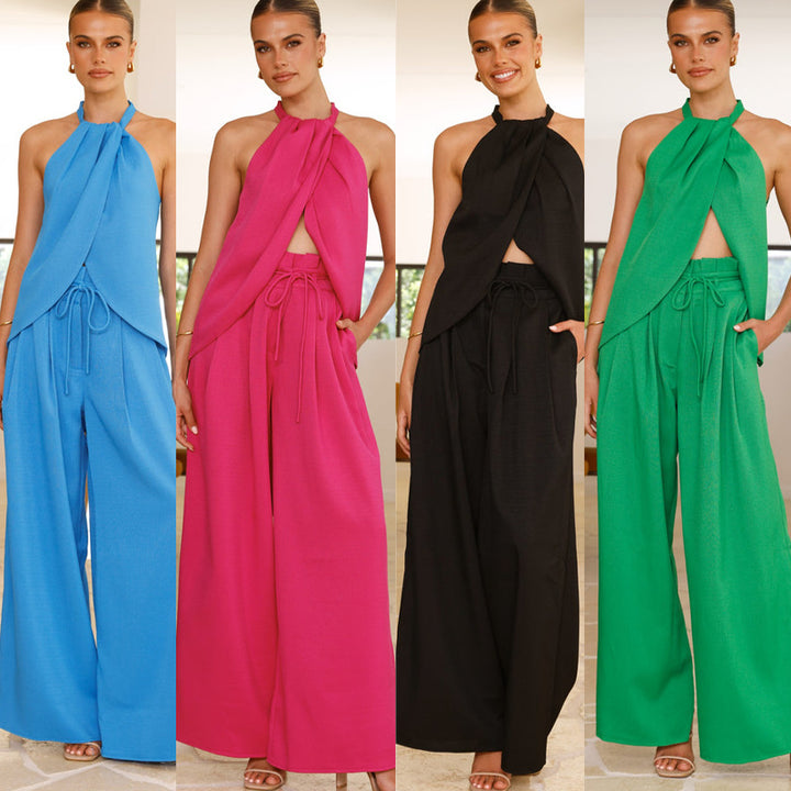 Damen luftige Chiffon-Halster-Jumpsuit mit elastischem Taillenzug Drune