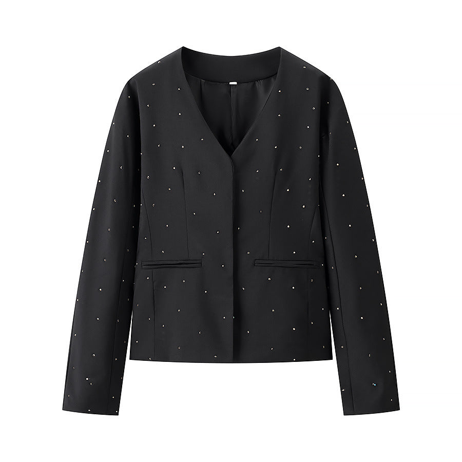 Damen nan elegant taillierter Blazer ohne Kragen mit Ziersteinbesatz Drune