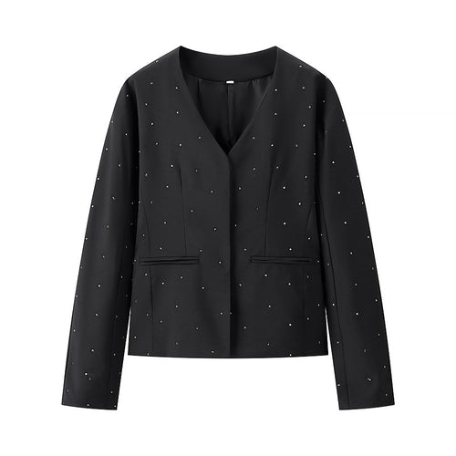 Damen nan elegant taillierter Blazer ohne Kragen mit Ziersteinbesatz Drune