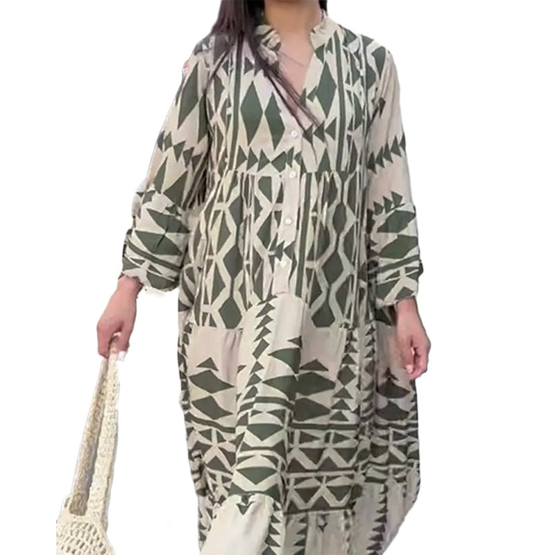 Damen Maxikleid mit geometrischem Muster und fließendem Schnitt Drune