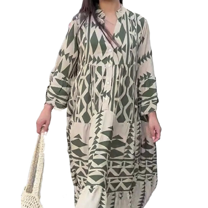 Damen Maxikleid mit geometrischem Muster und fließendem Schnitt Drune