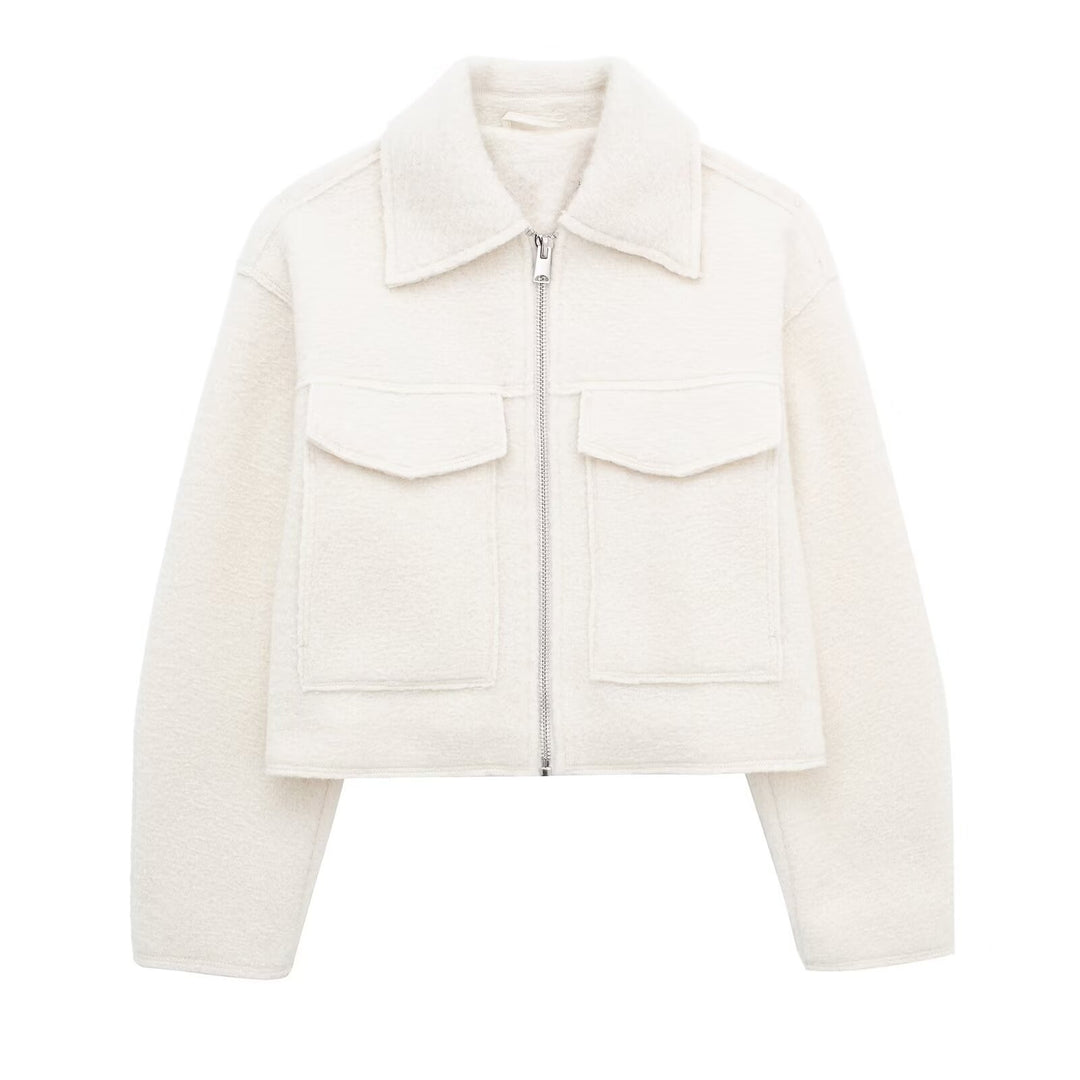 Damen Kurz geschnittene Teddyjacke mit Reißverschluss, Kragen und aufgesetzten Klappentaschen Drune