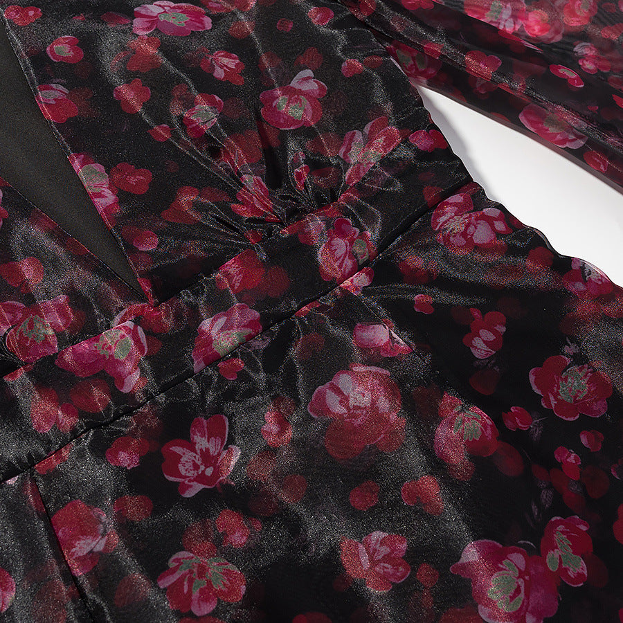 Damen Florales Chiffon-Minikleid mit tiefem V‑Ausschnitt, Rüschenstufen und Trompetenärmeln Drune