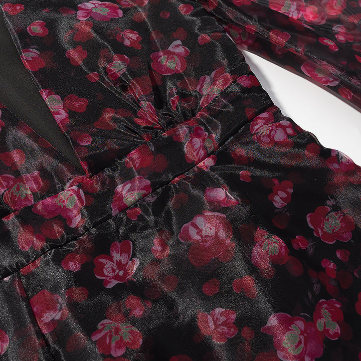 Damen Florales Chiffon-Minikleid mit tiefem V‑Ausschnitt, Rüschenstufen und Trompetenärmeln Drune