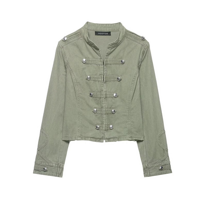 Damen Kurzgeschnittene Military-Jacke mit Stehkragen, Zierknopfleiste und taillierter Silhouette Drune