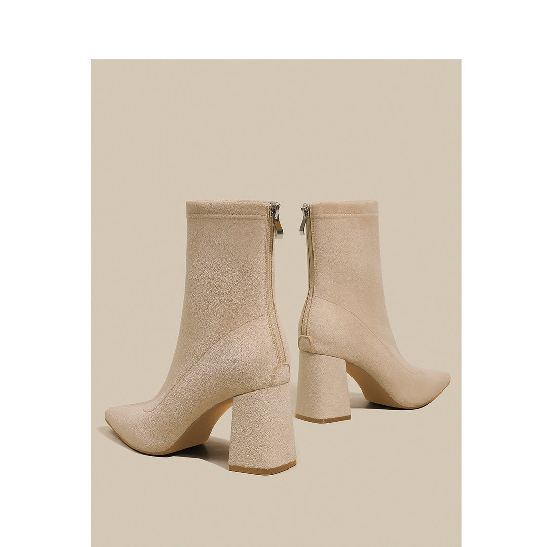 Damen Spitze Sock‑Ankle‑Boots mit skulpturellem Blockabsatz und Stretch‑Veloursoptik Drune