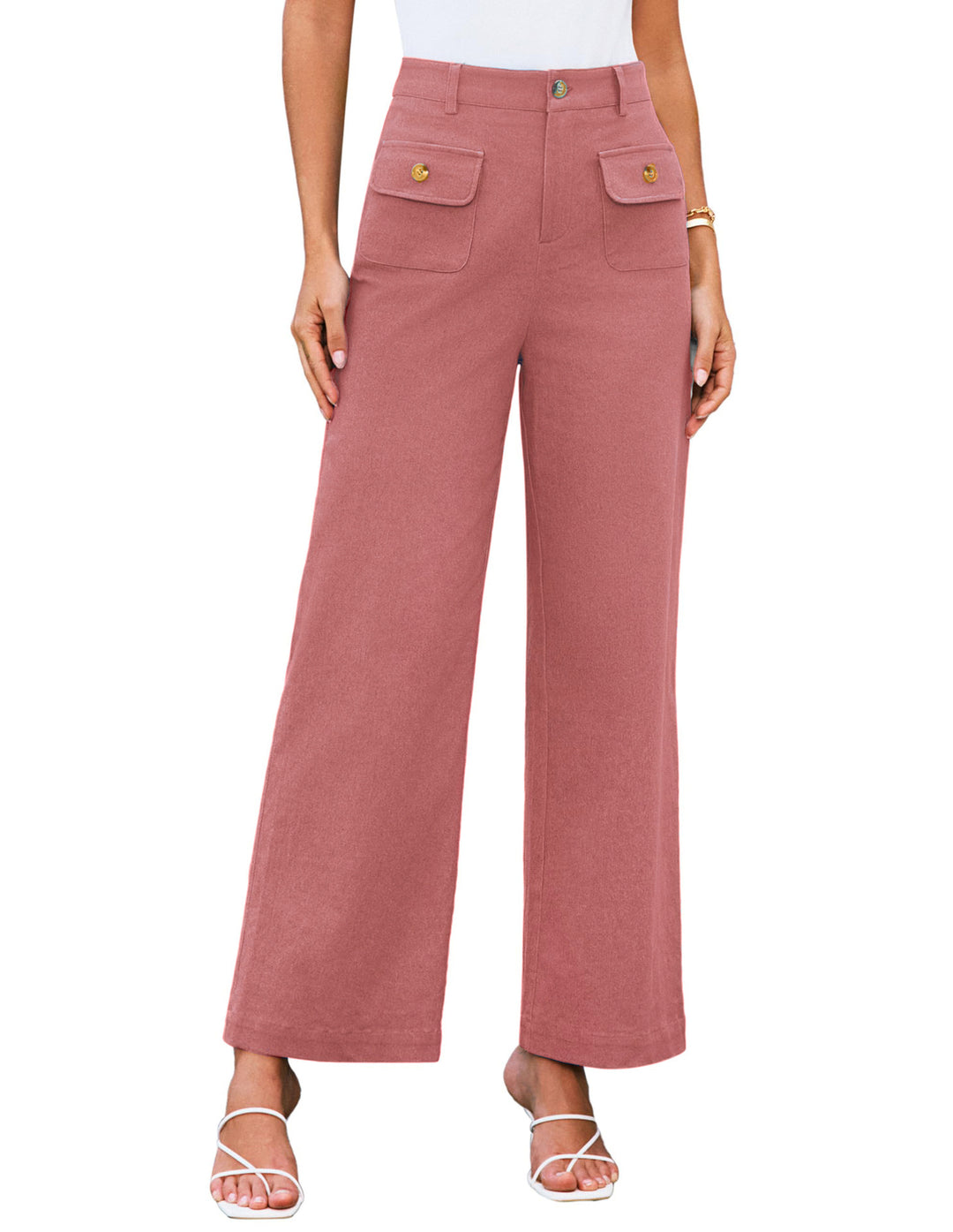 Hochtaillierte Damen-Trousers mit weitem Bein und Knopfklappen-Pattentaschen Drune