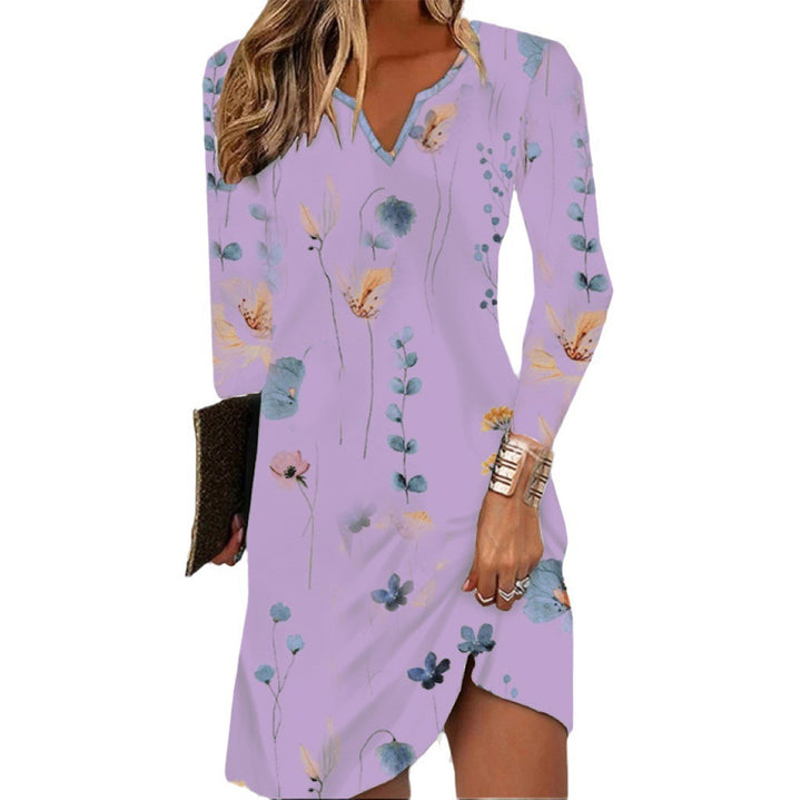 Damen Florales V-Ausschnitt Midikleid mit asymmetrischem Saum und Langarm Drune