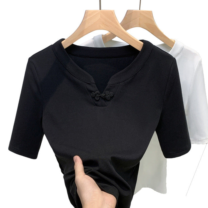 Damen modisches Kurzarmoberteil mit stilvollem Kragen und Knopfdetails Drune