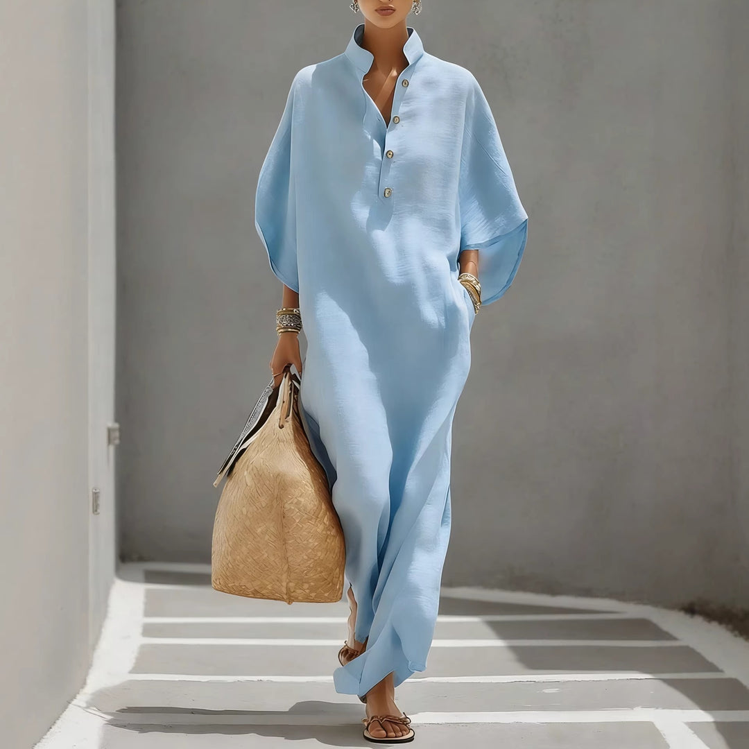 Damen Weites Kaftan-Midikleid mit Stehkragen und 3-Knopf-Blende Drune