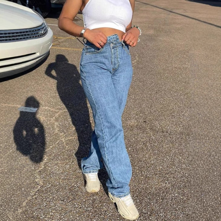 Damen Hochgeschnittene Cropped-Mom-Jeans mit asymmetrischem Bund und geradem Bein Drune