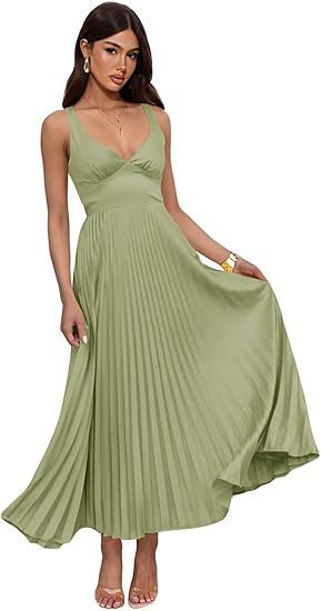 Damen Plissiertes Maxikleid mit vorteilhaftem V-Ausschnitt und femininem Design Drune