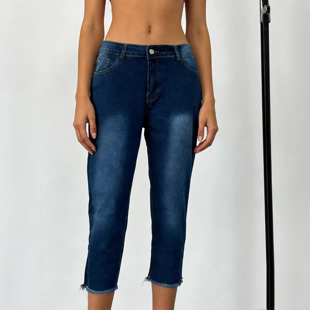 Damen nan schmale knöchellange Jeans mit rohem Fransenabschluss und mittelhoher Taille Drune