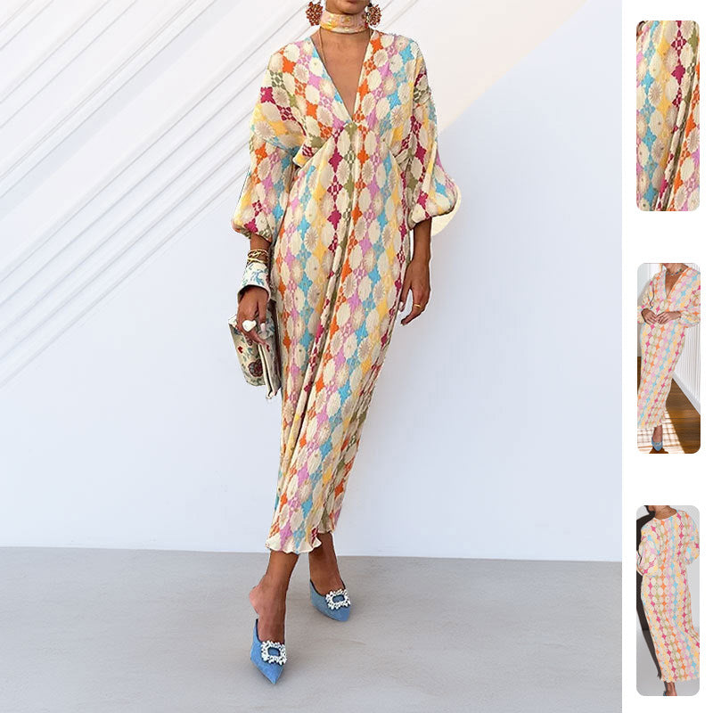 Damen Maxikleid mit modernen geometrischen Mustern und voluminösen Ärmeln Drune