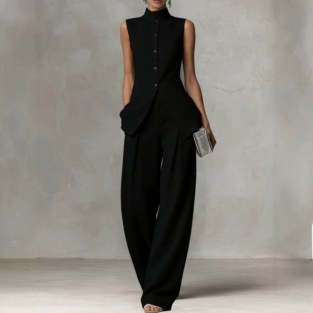 Damen Ärmelloser Leinen-Jumpsuit mit Stehkragen und weitem Bein Drune