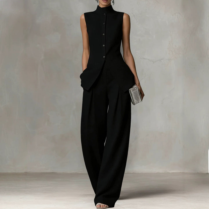 Damen Ärmelloser Leinen-Jumpsuit mit Stehkragen und weitem Bein Drune